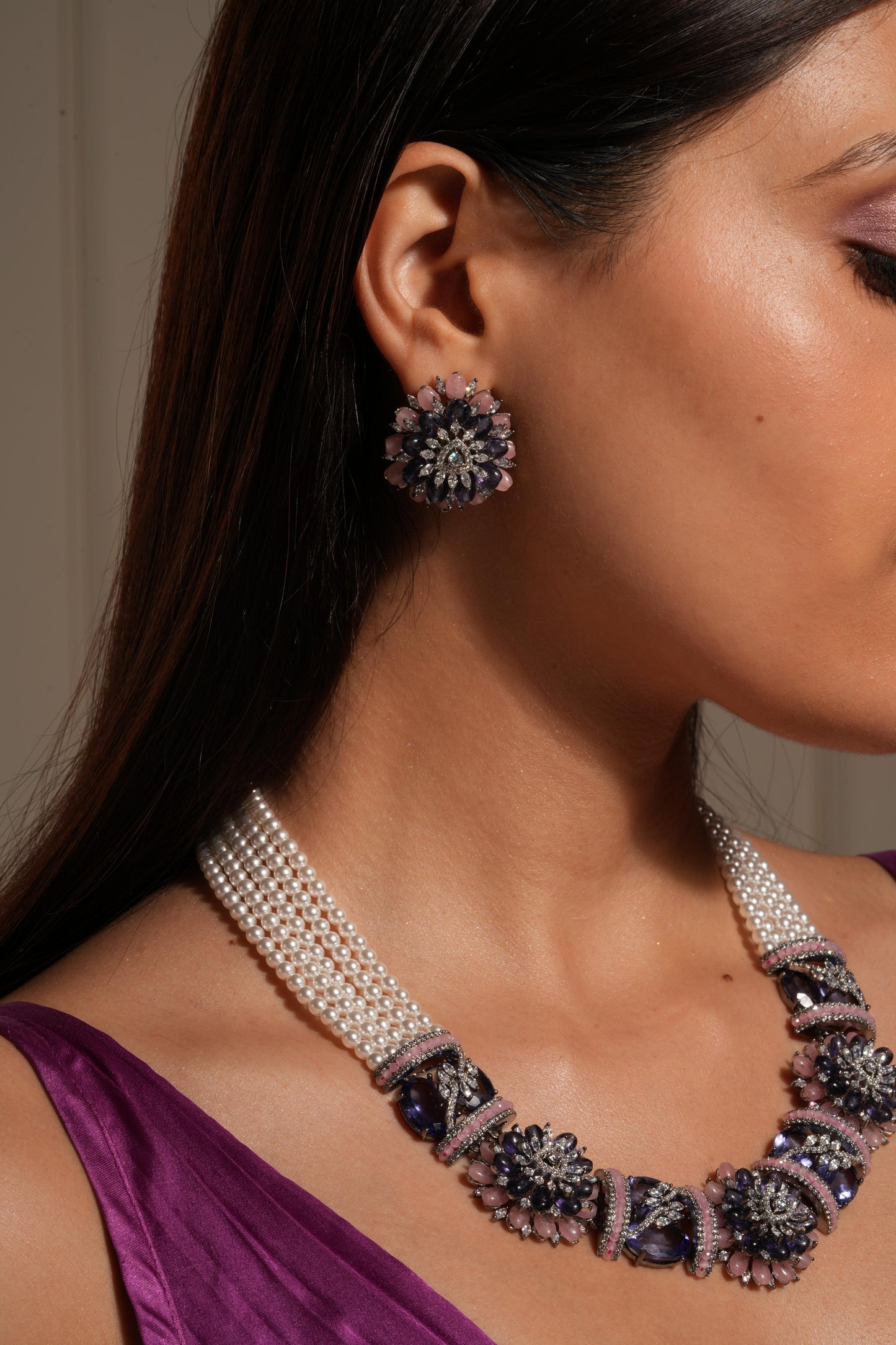 Elegant Floral Statement Necklace Set with Pearl Strands