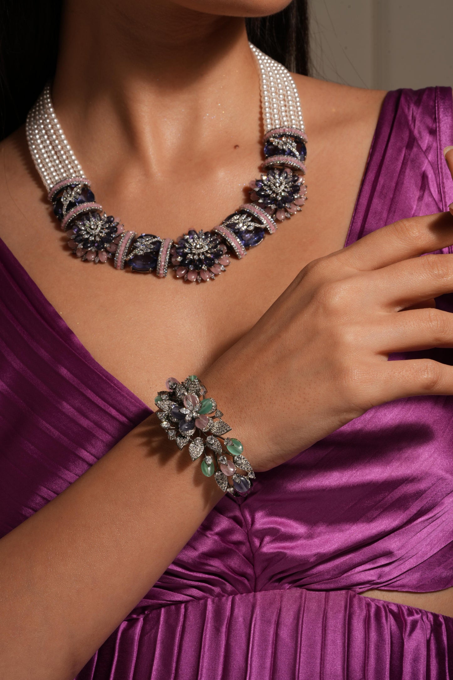Elegant Floral Statement Necklace Set with Pearl Strands