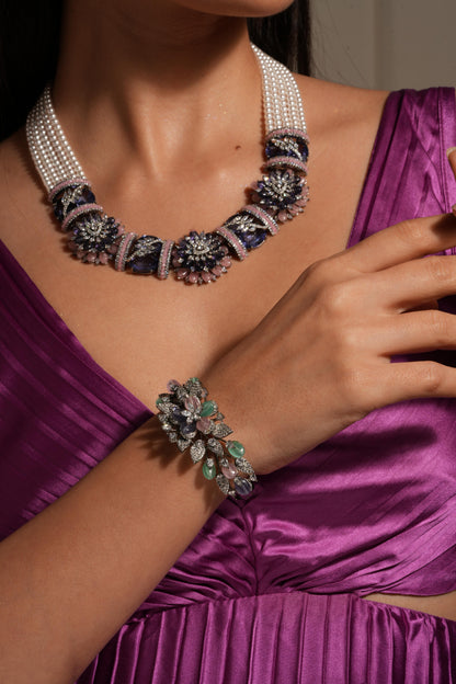 Elegant Floral Statement Necklace Set with Pearl Strands