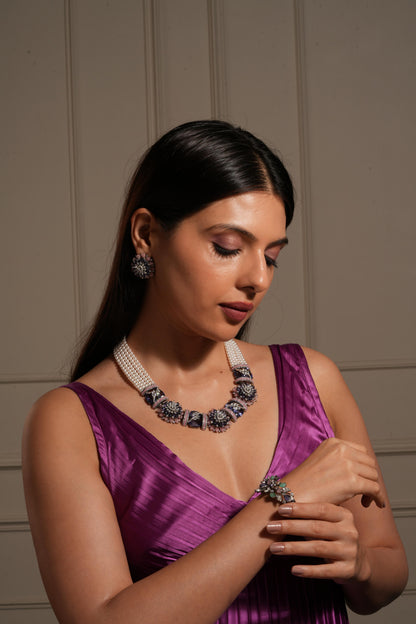 Elegant Floral Statement Necklace Set with Pearl Strands