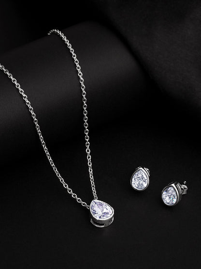 Radiant Luxe: Rhodium & CZ Pendant Earring Set