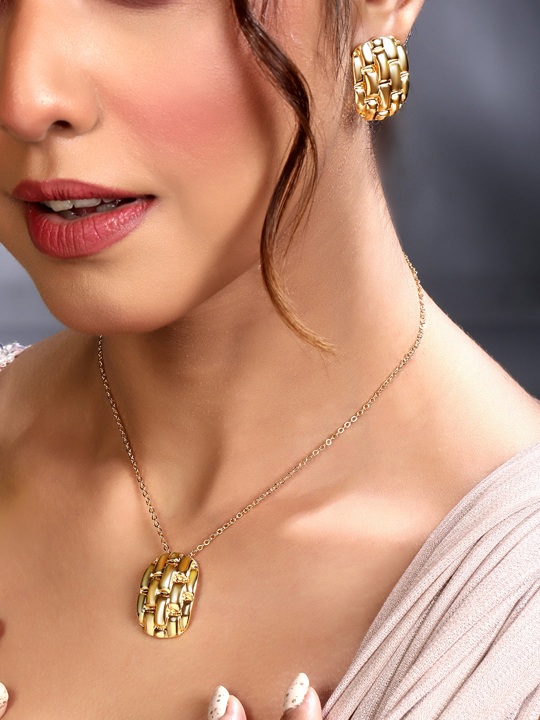 Gold Plated Handcrafted Pendant Set With Stud Earring