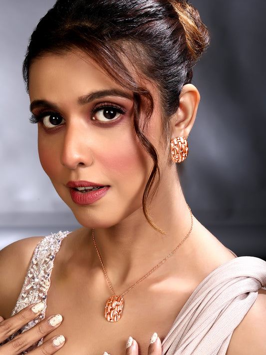 Rose Gold Plating Handcrafted Pendant Set With Stud Earring