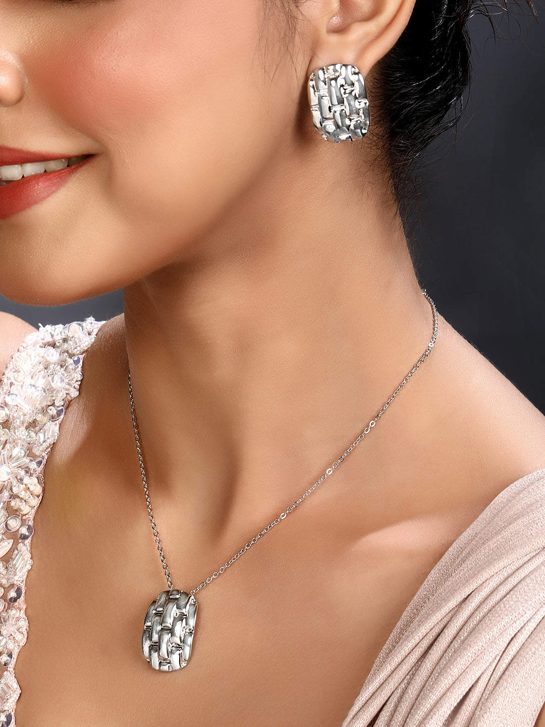 Silver Plating Handcrafted Pendant Set With Stud Earring