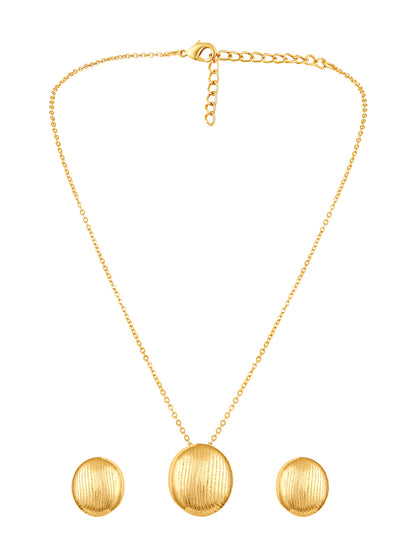 Gold-Plated Textured Circular Pendant Necklace Set with Matching Stud Earrings