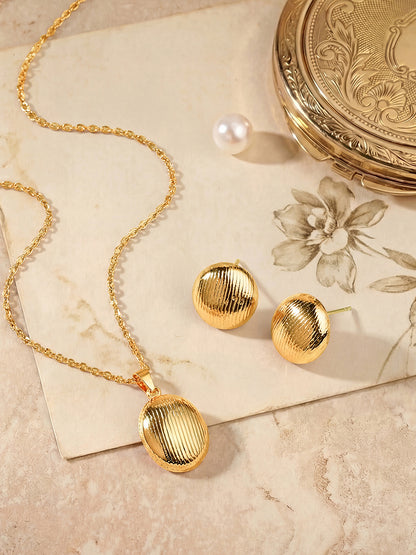 Gold-Plated Textured Circular Pendant Necklace Set with Matching Stud Earrings