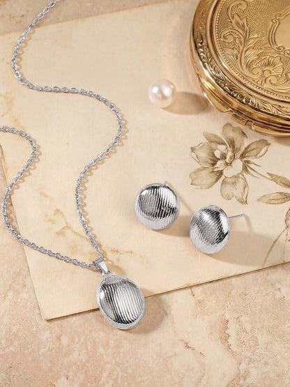Silver-Toned Textured Orb Pendant Necklace & Earrings Set