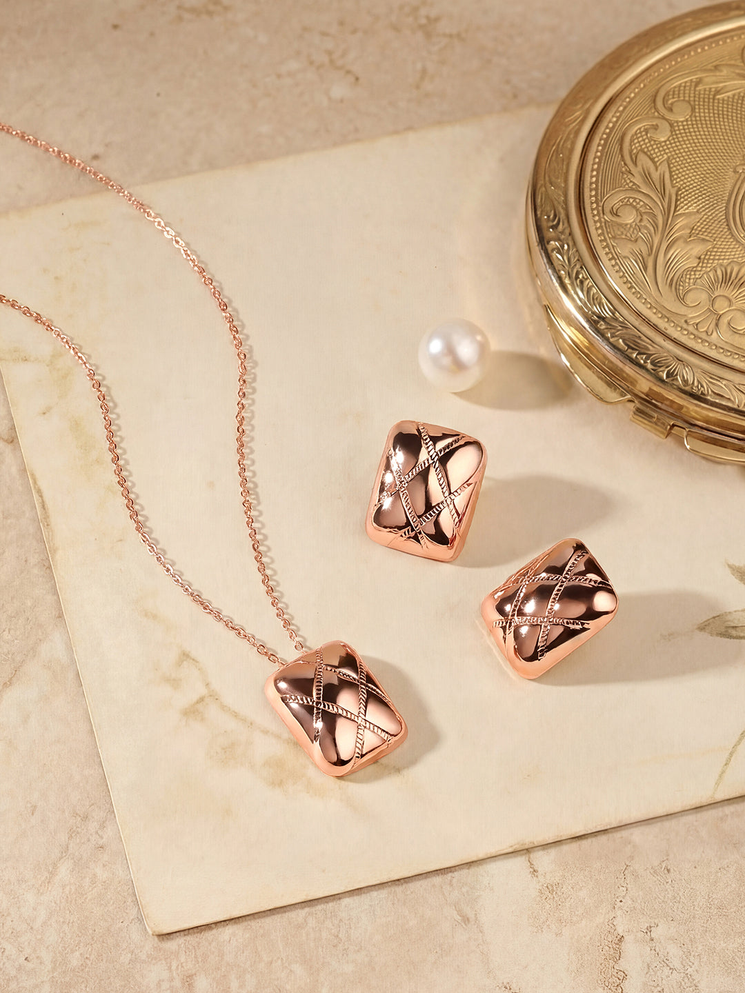 Rose Gold Plating Handcrafted Pendant Set With Stud Earring