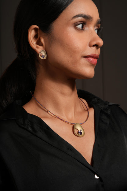 Elegant Gold Plated Teardrop Pendant Set with Purple Stone