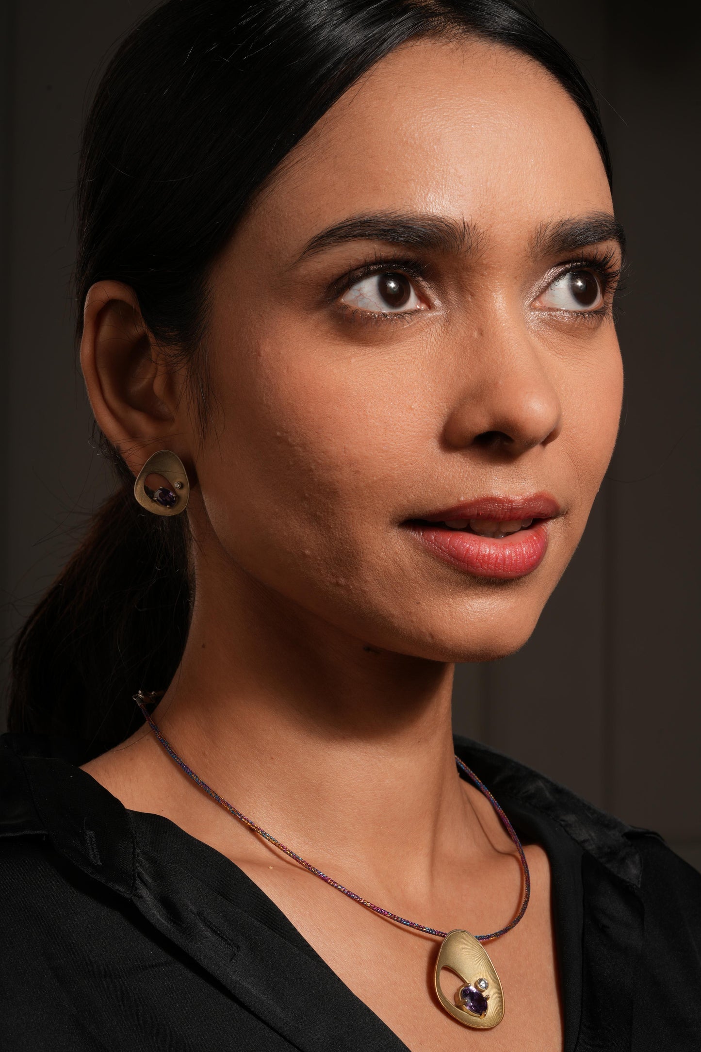 Elegant Gold Plated Teardrop Pendant Set with Purple Stone