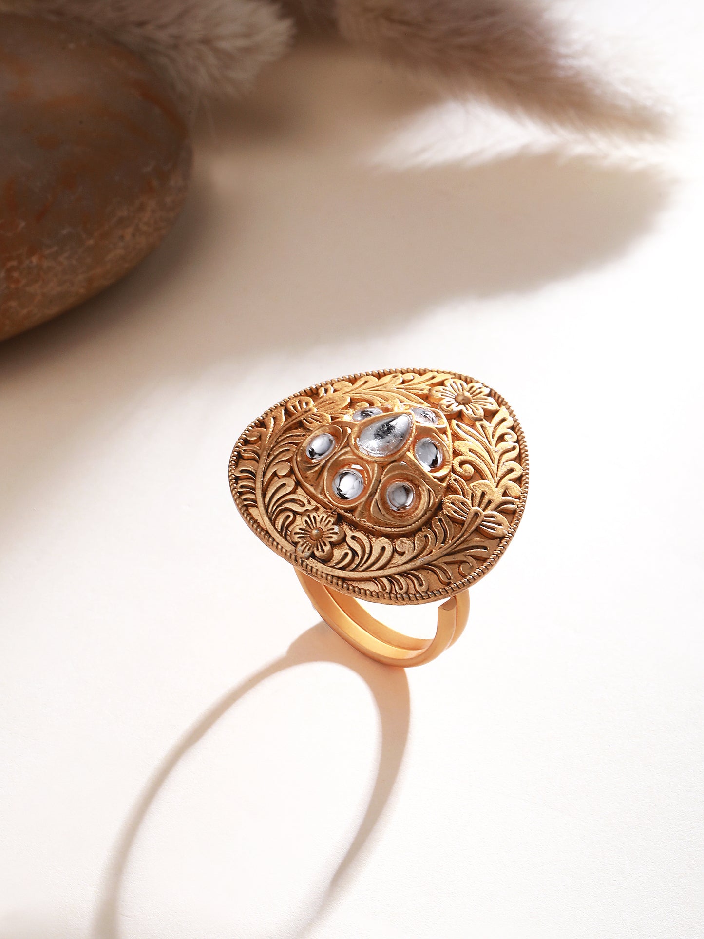 Gold Plated Stone Studded Adjustable Finger Ring