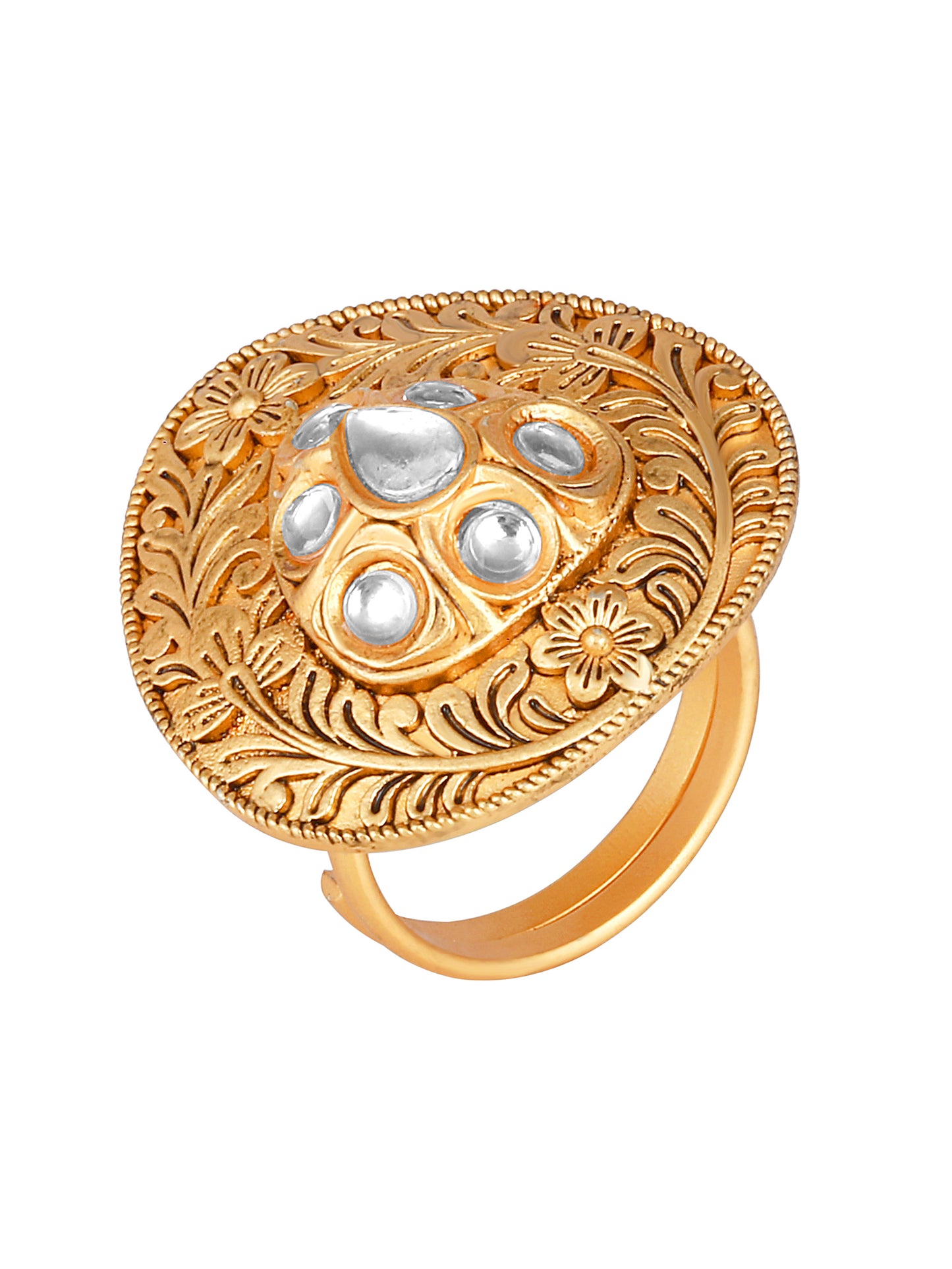 Gold Plated Stone Studded Adjustable Finger Ring