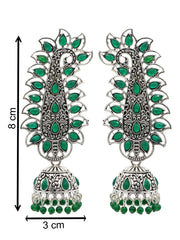 Green & Silver-Toned Jhumkas Earrings