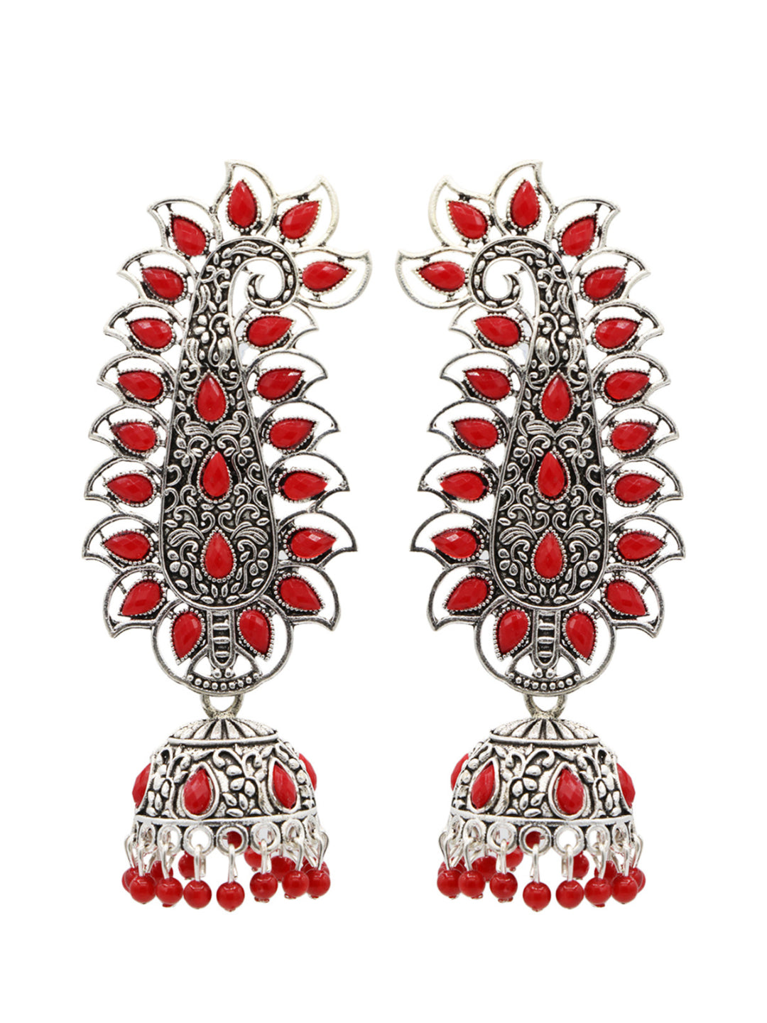 Red Gold-Plated Peacock Shaped Jhumkas