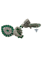 Green & Silver-Toned Contemporary Jhumkas Earrings
