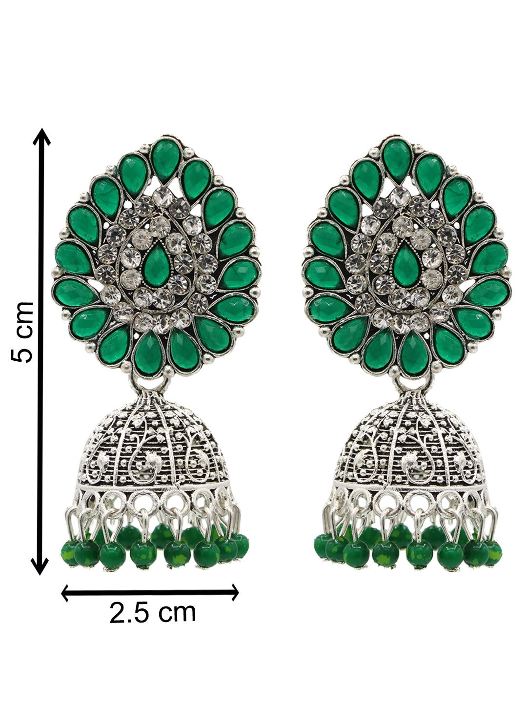 Green & Silver-Toned Contemporary Jhumkas Earrings