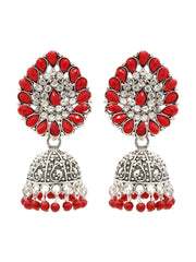 Silver-Toned & Red Oxidised Beaded Dome Shaped Jhumkas