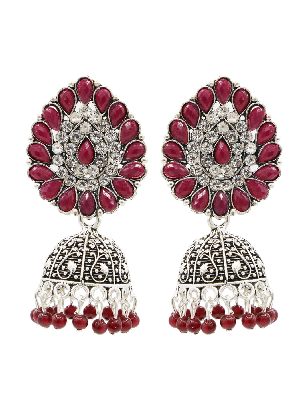 Silver-Toned Red Stone Studded Oxidized Jhumka Earrings