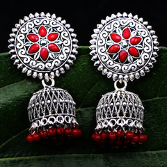 Silver-Toned & Red Oxidised Beaded Dome Shaped Jhumkas