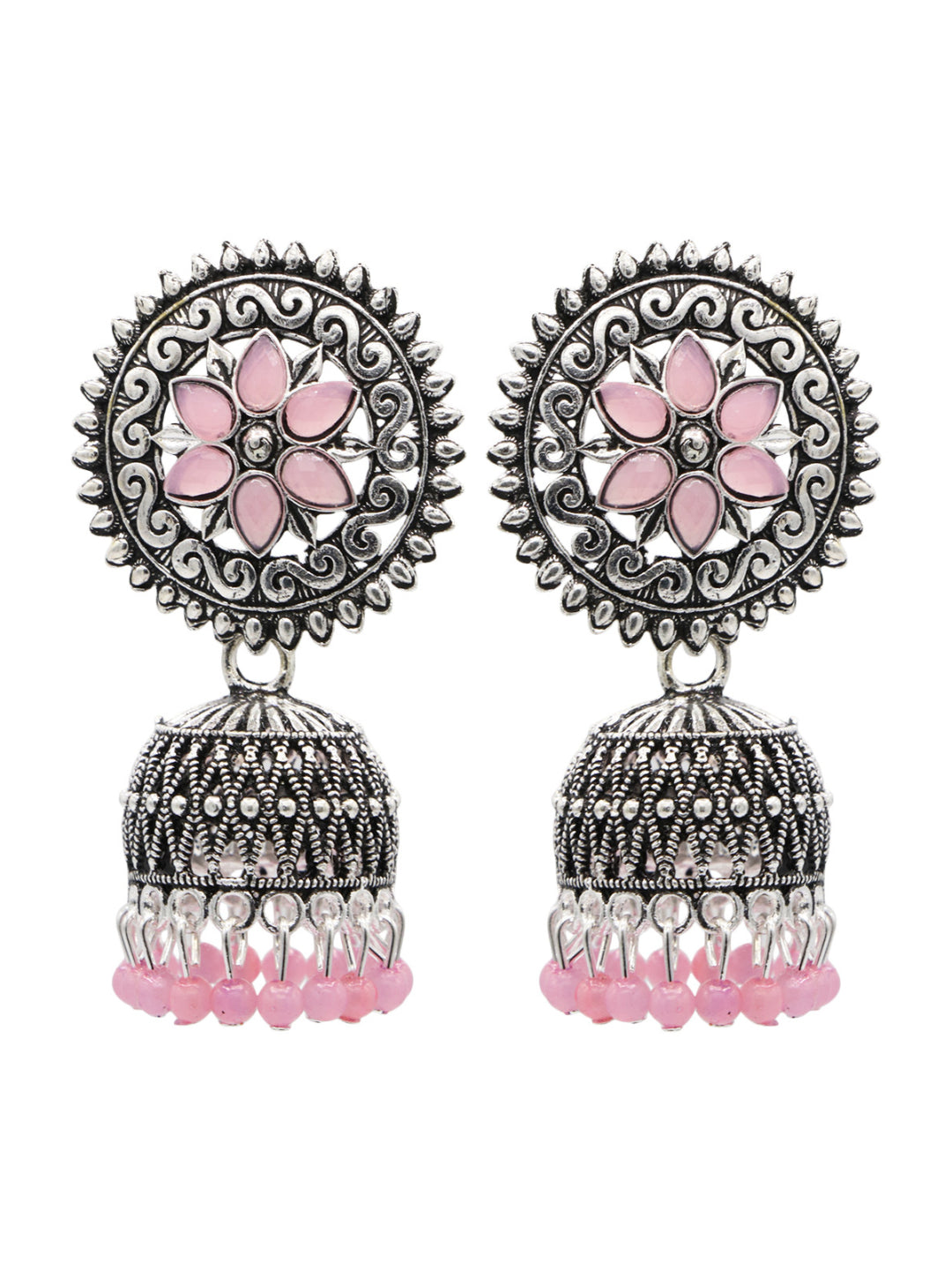 Silver-Toned Pink Oxidised Beaded Dome Shaped Jhumkas