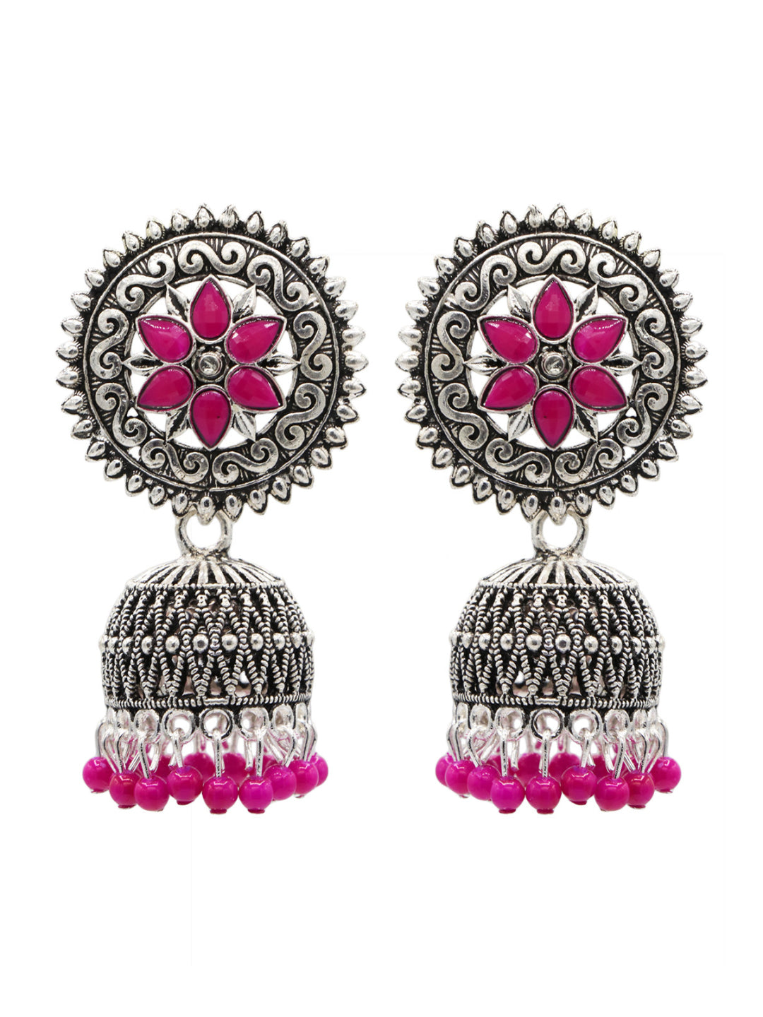 Silver-Toned & Pink  Oxidised Beaded Dome Shaped Jhumkas