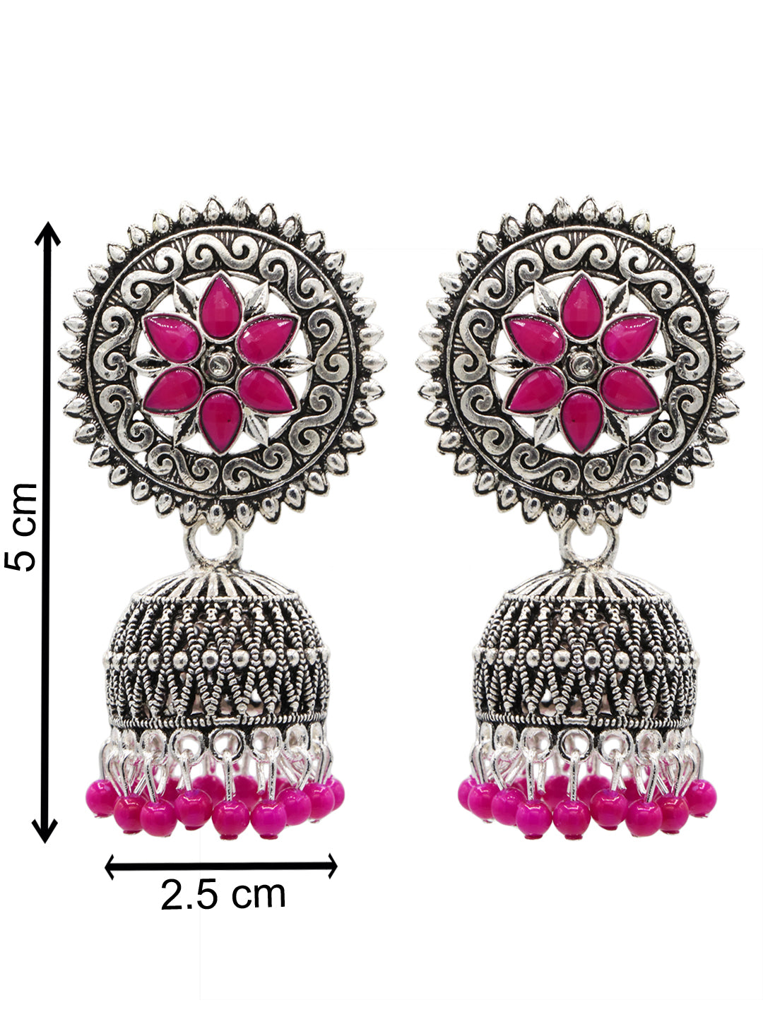Silver-Toned & Pink  Oxidised Beaded Dome Shaped Jhumkas