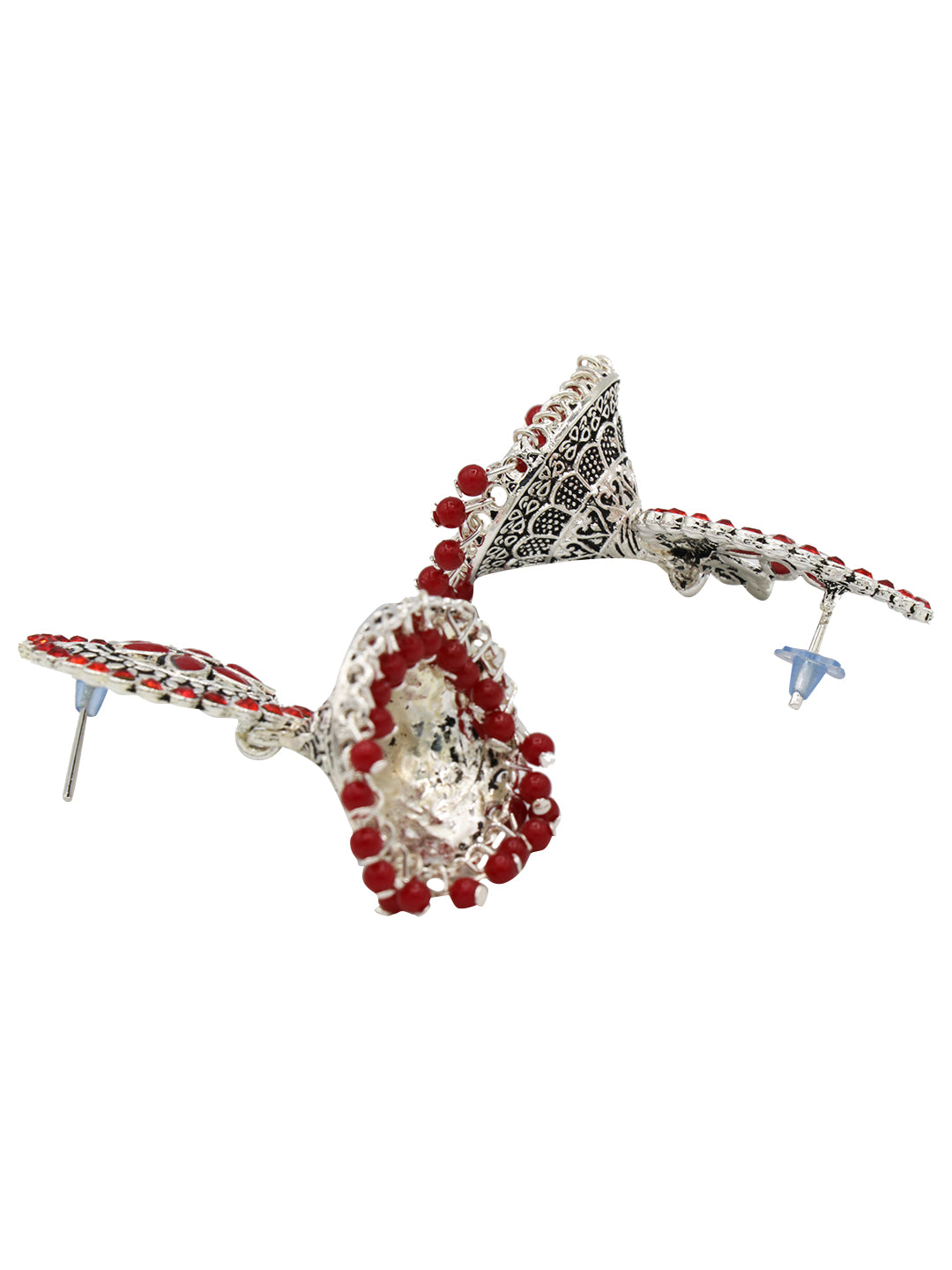 Silver-Plated Red Stone Studded Flower Shaped Jhumkas Earrings