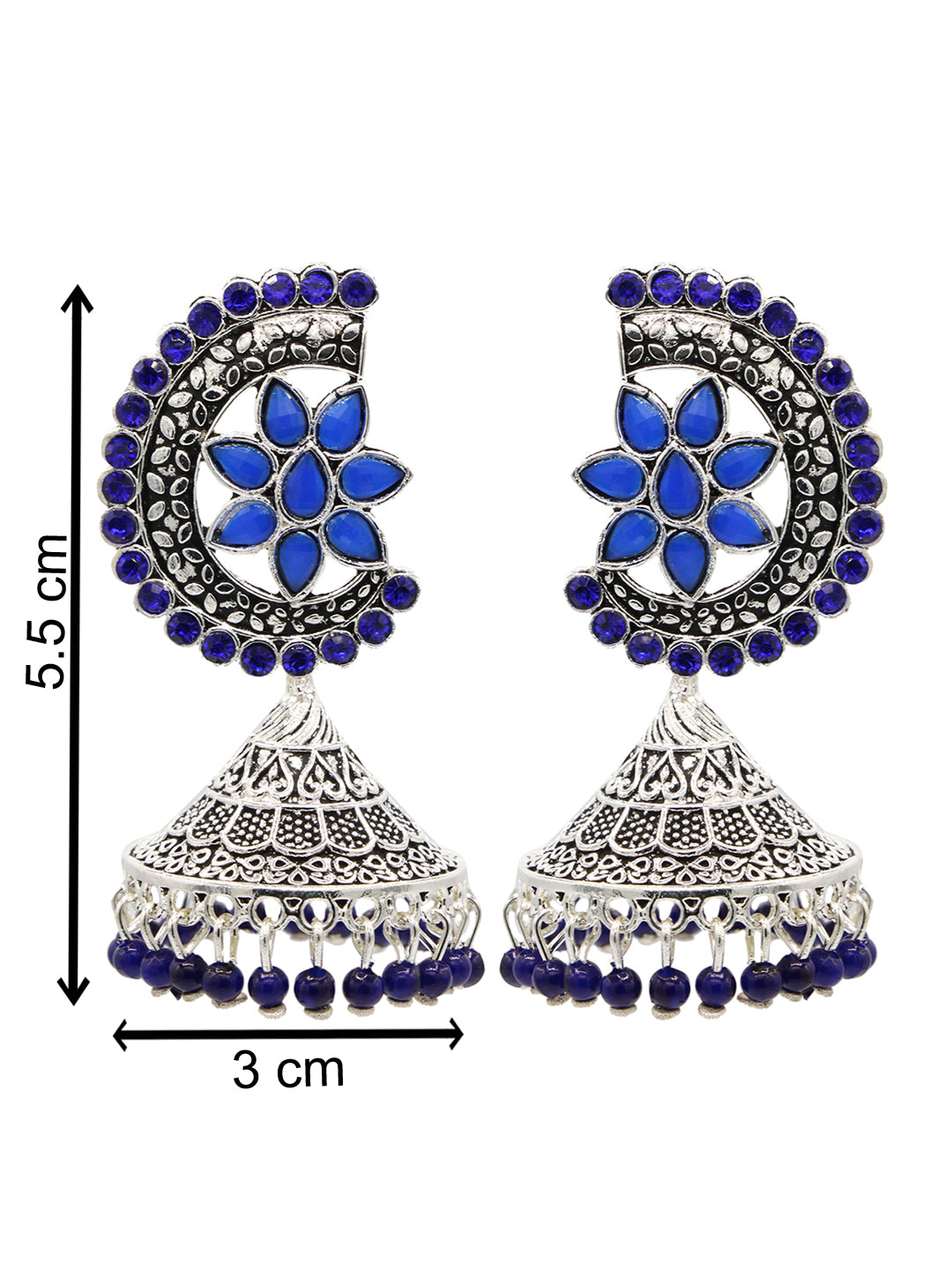 Silver-Plated Blue Stone Studded Flower Shaped Jhumkas Earrings