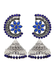 Silver-Plated Blue Stone Studded Flower Shaped Jhumkas Earrings