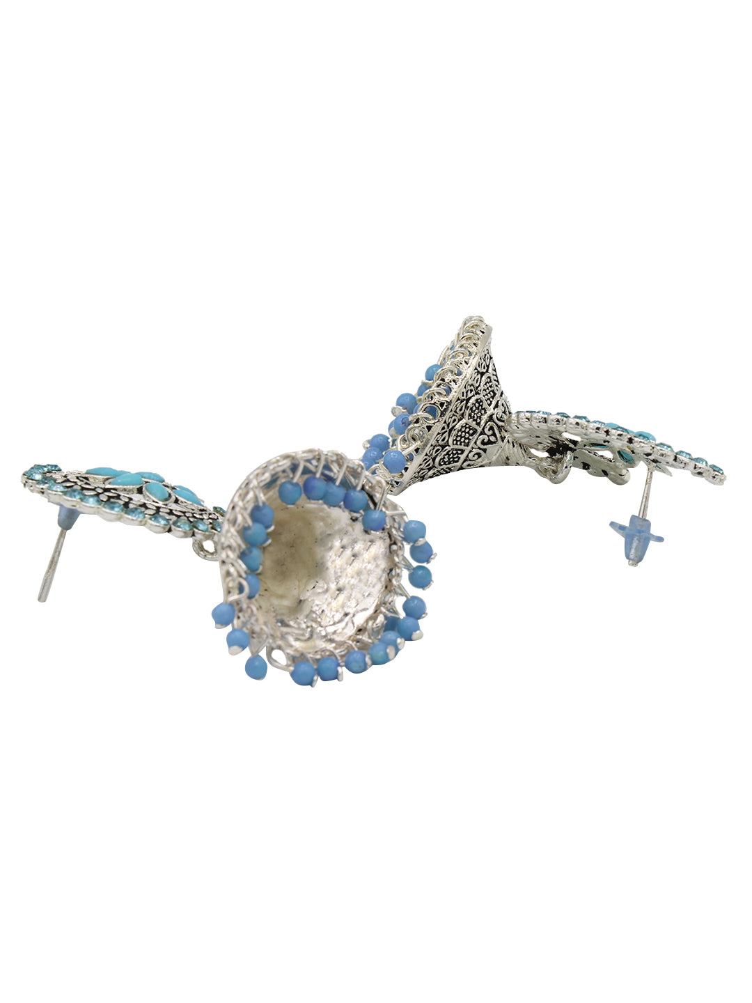 Silver-Plated Sky Blue Stone Studded Flower Shaped Jhumkas Earrings