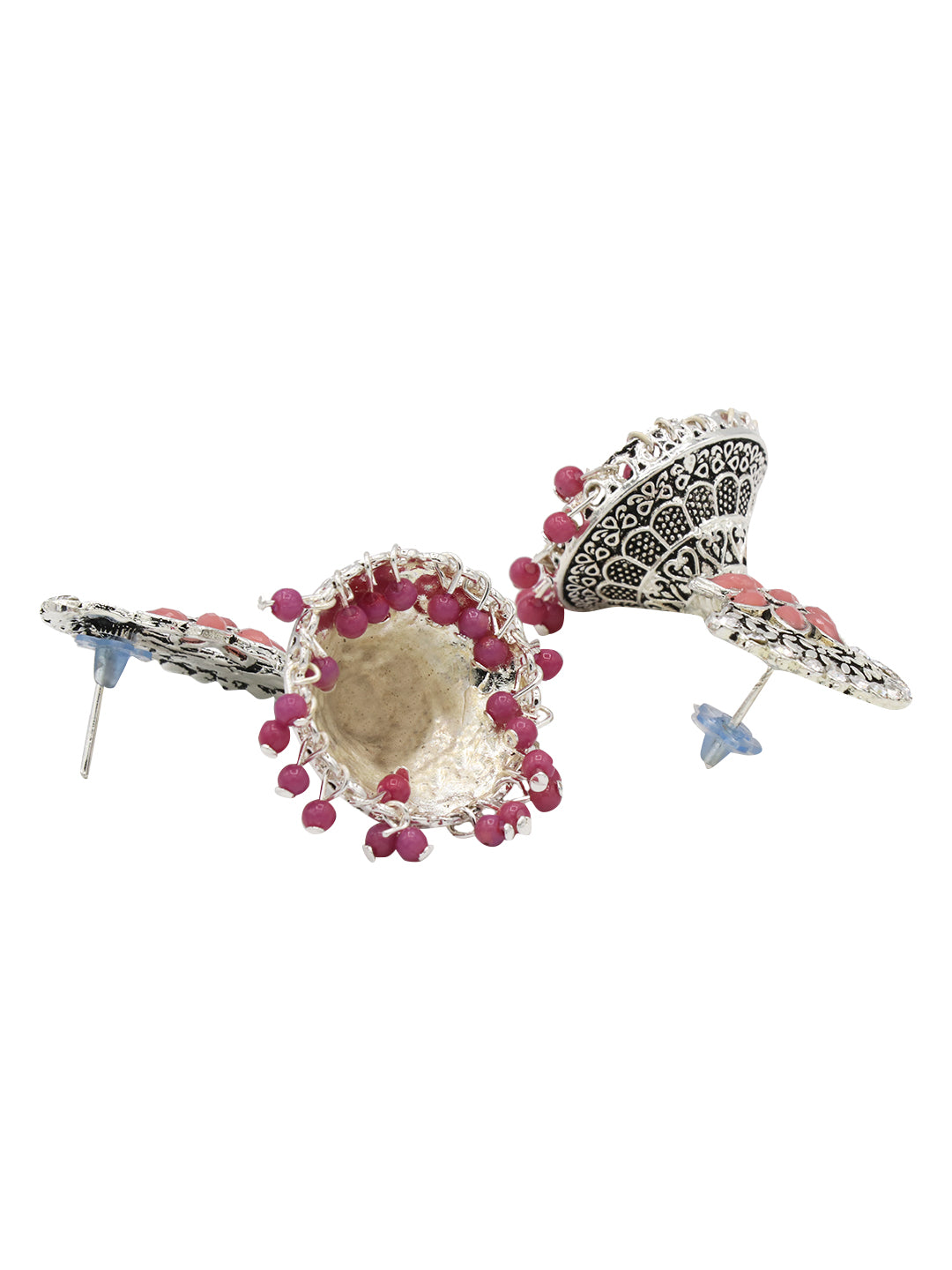 Silver-Plated Pink Stone Studded Flower Shaped Jhumkas Earrings