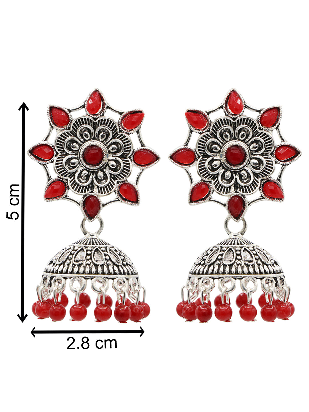 Silver-Plated Red Stone Studded Flower Shaped Jhumkas Earrings