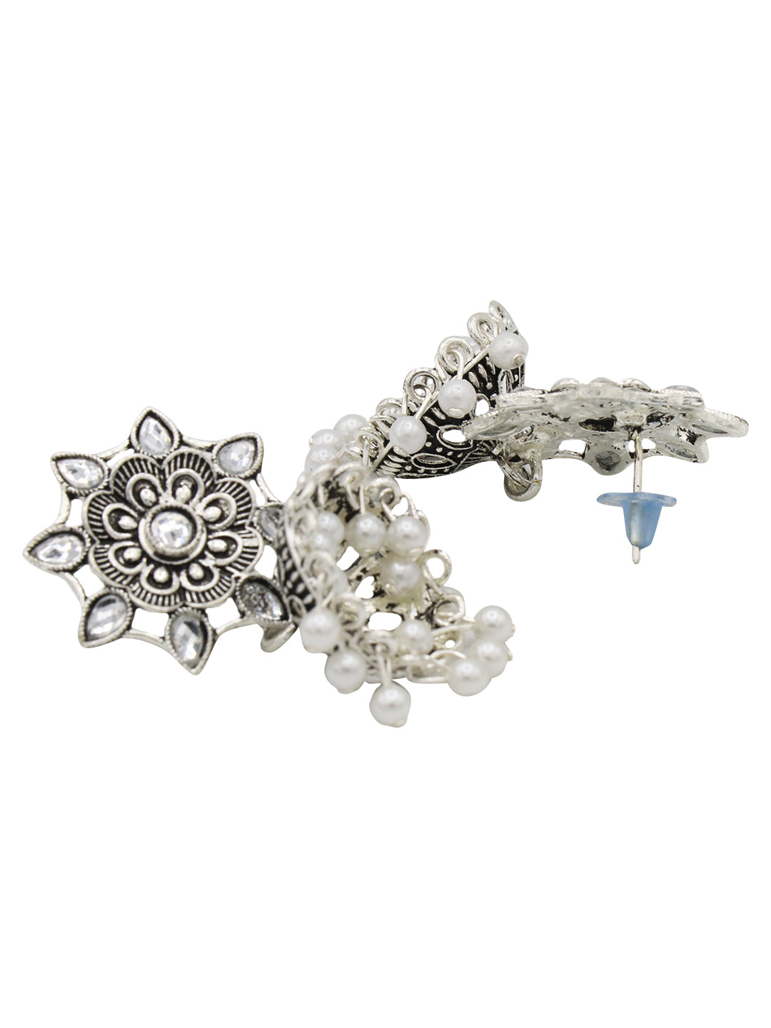 Silver-Plated White Stone Studded Flower Shaped Jhumkas Earrings