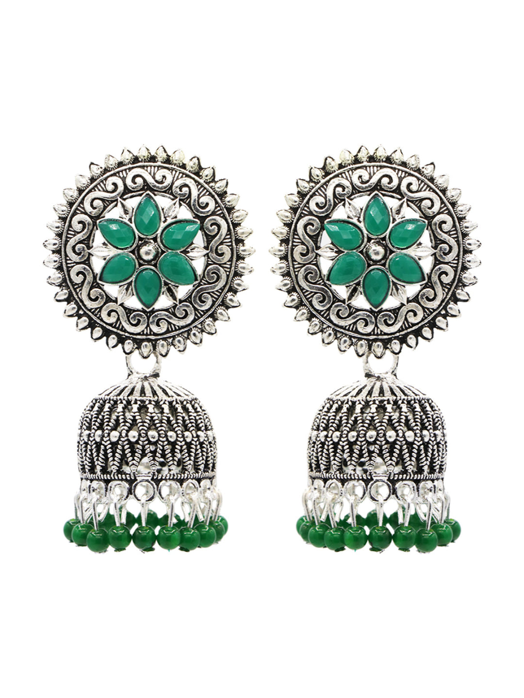 Silver-Toned & Green Oxidised Beaded Dome Shaped Jhumkas
