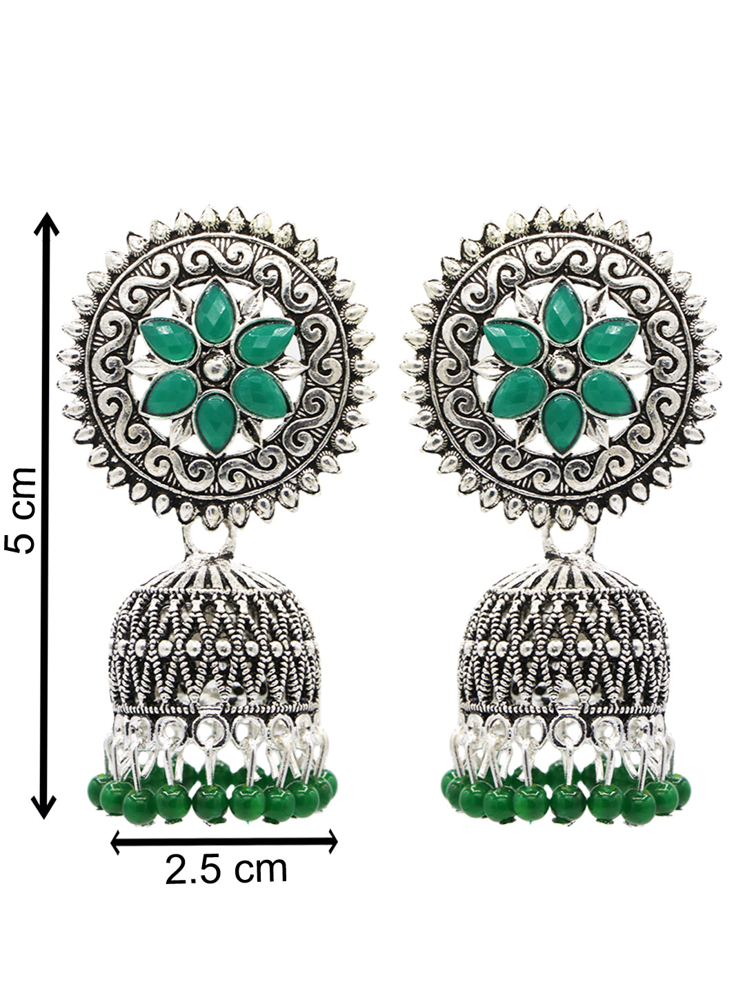 Silver-Toned & Green Oxidised Beaded Dome Shaped Jhumkas