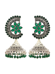 Silver-Plated Green Stone Studded Flower Shaped Jhumkas Earrings
