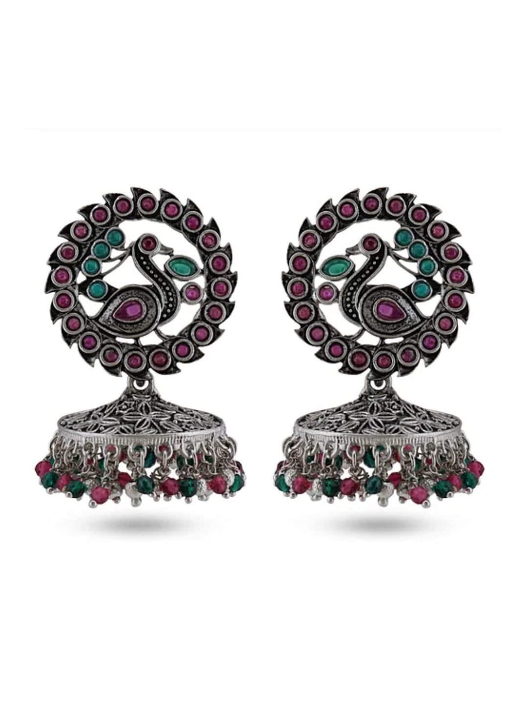 Silver-Plated Peacock Shaped Oxidized Jhumkas Earrings