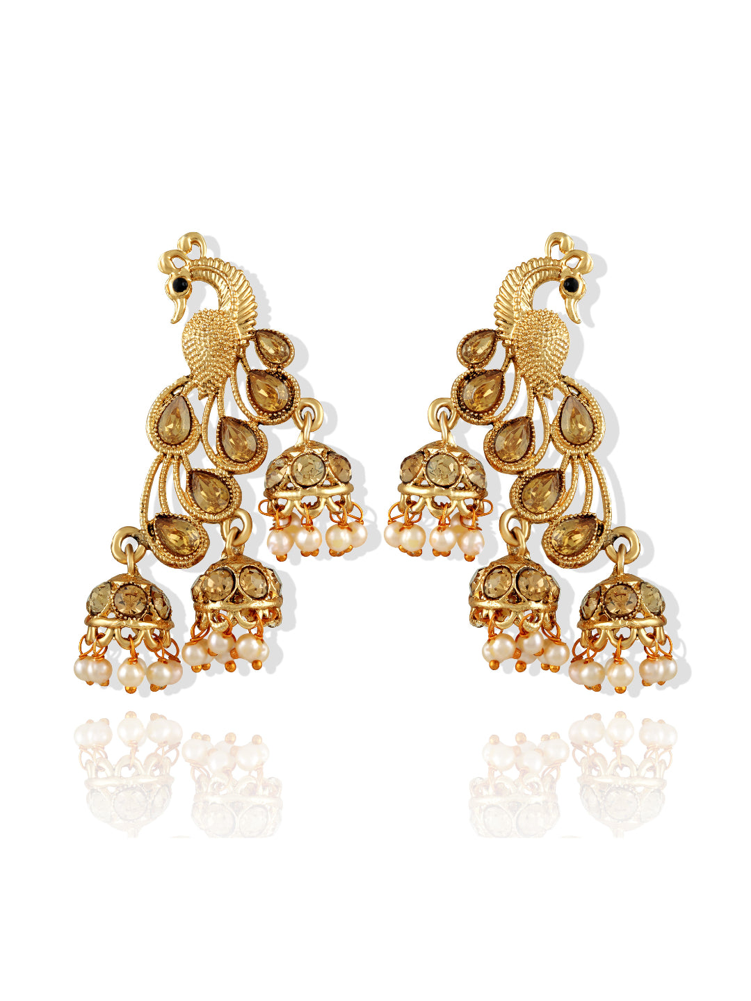 Off-White Antique Gold-Plated Peacock Shaped Jhumkas