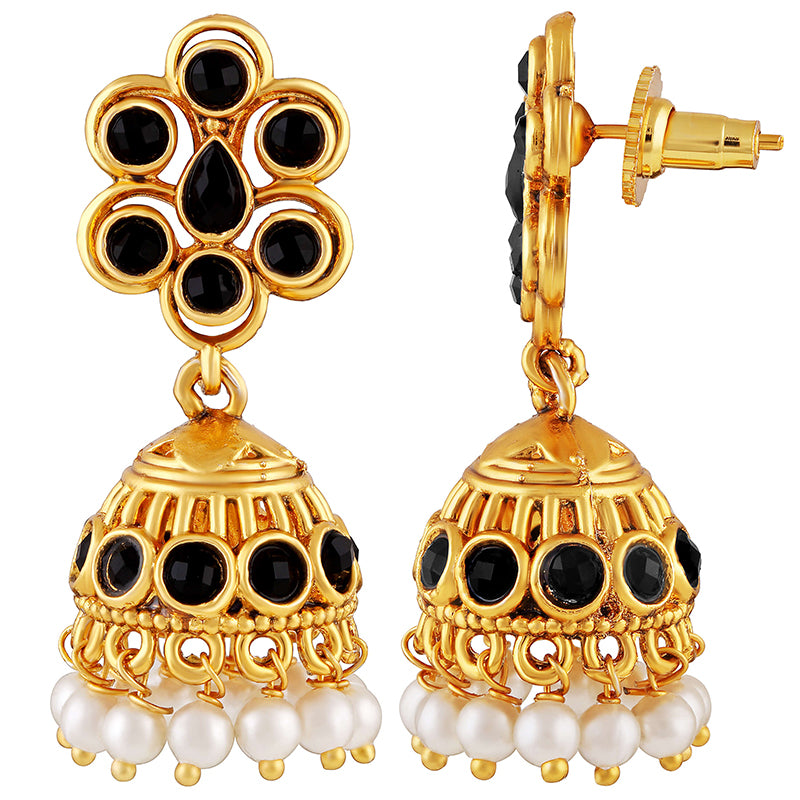 Gold-Toned & Black Stone Studded & Beaded Dome Shaped Jhumkas Earrings