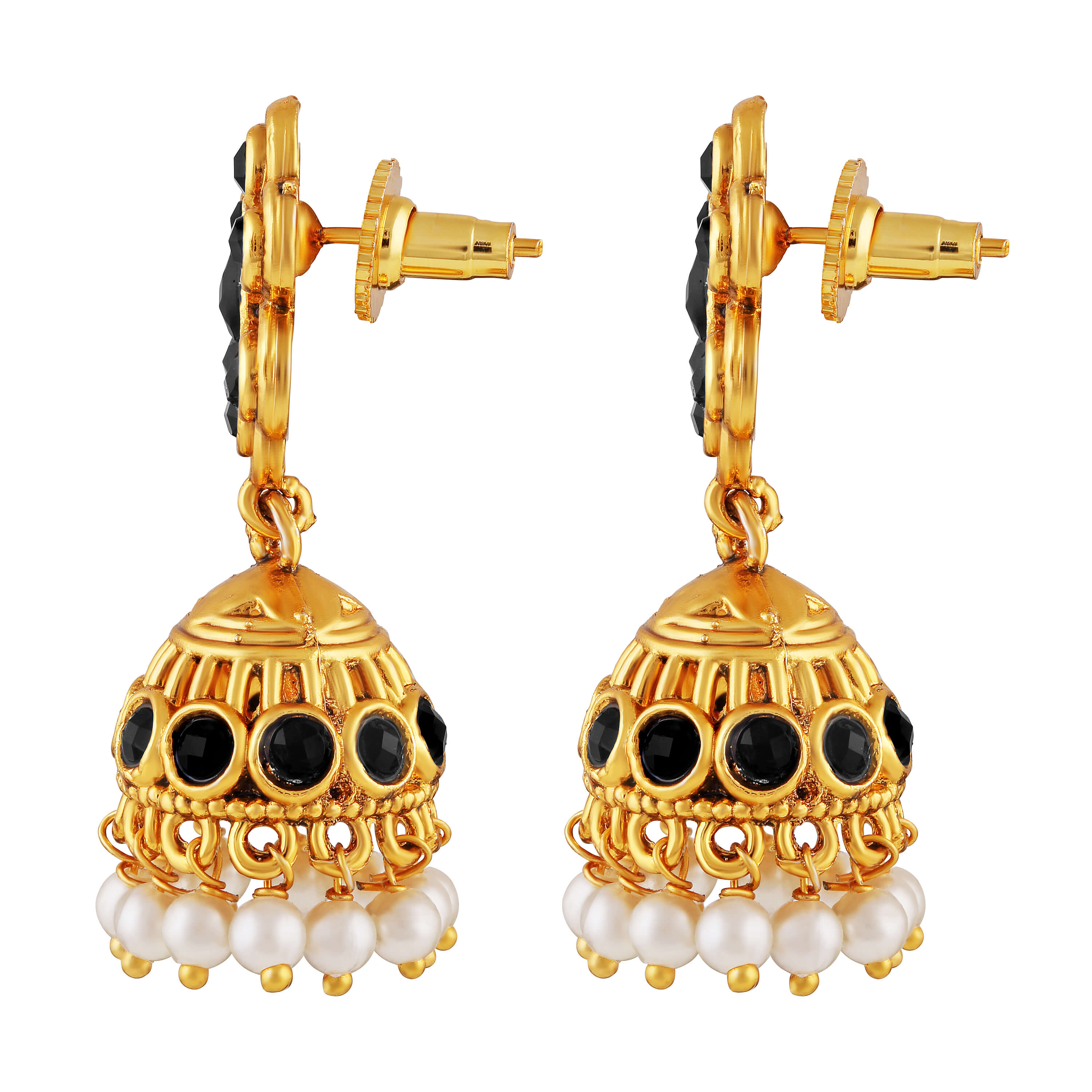 Gold-Toned & Black Stone Studded & Beaded Dome Shaped Jhumkas Earrings