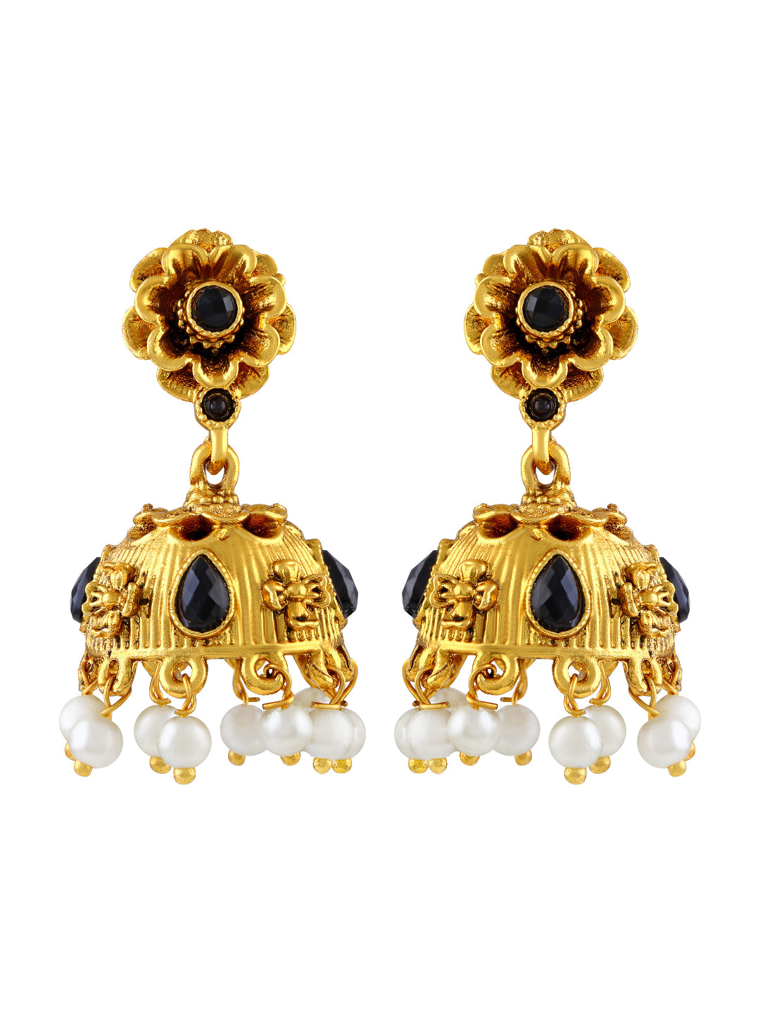 Gold-Plated & Black Stone Studded Dome Shaped Jhumkas