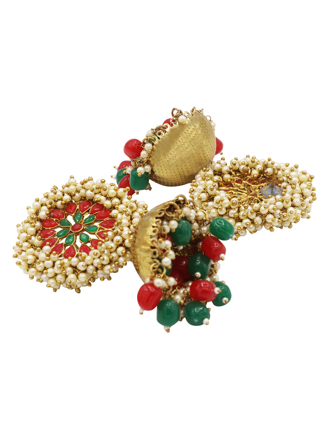 Gold-Plated Artificial Stones And Beads Studded Dome Shaped Jhumkas Earrings