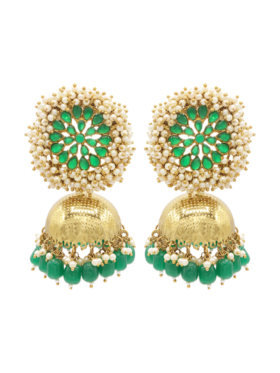 Green Gold-Plated Ethnic Jhumkas Earrings
